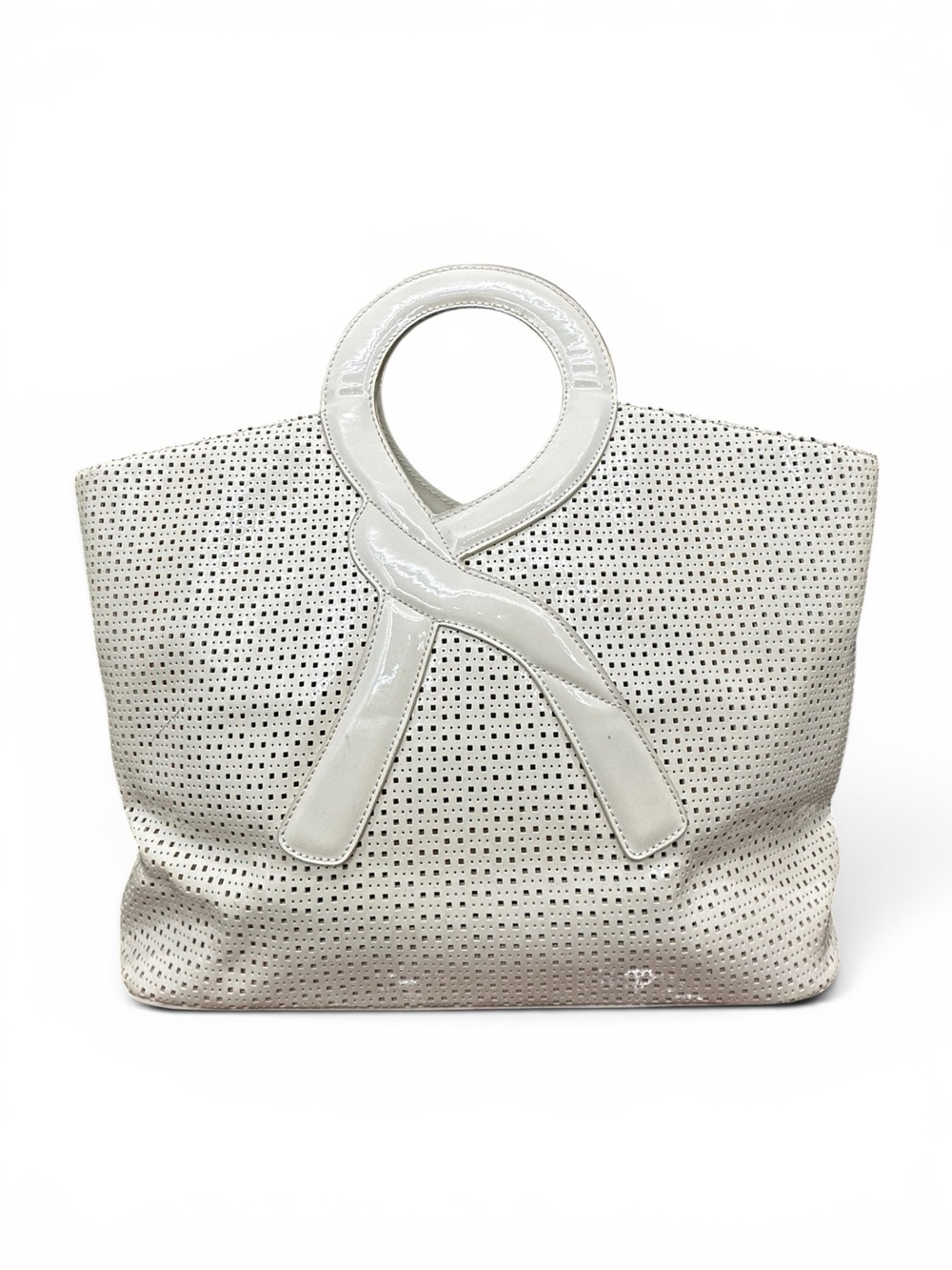 Roberta di Camerino White Perforated Patent Leather Ribbon Handle Tote Bag